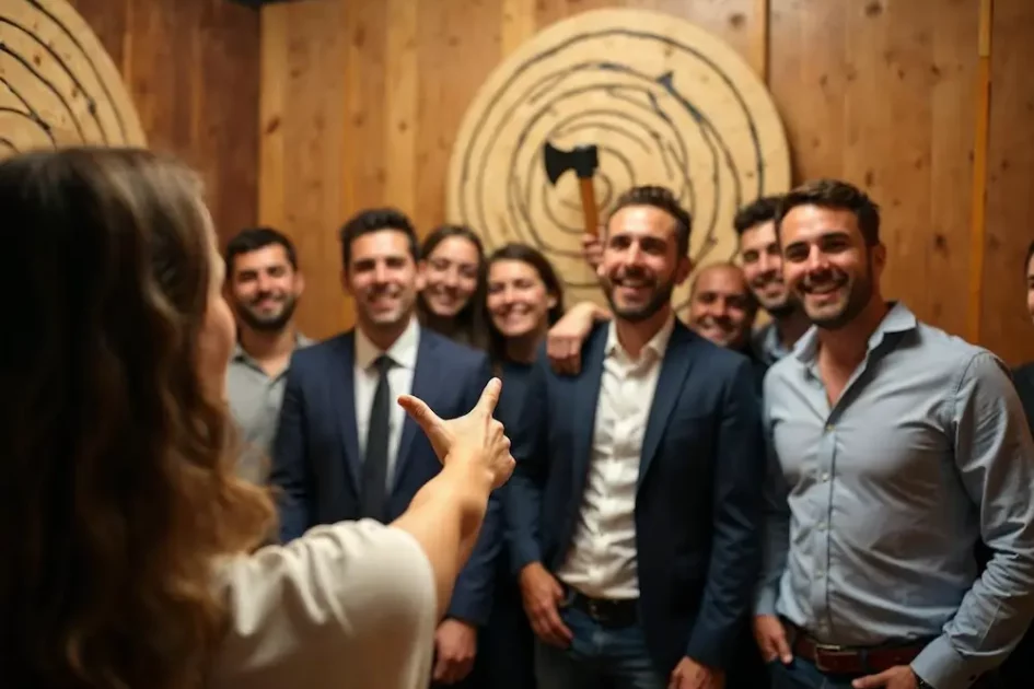 Un grupo de personas en traje de negocios posa para una foto frente a blancos de madera en la pared, mientras una persona en primer plano hace un gesto hacia ellos, destacando los beneficios del team building para empresas.