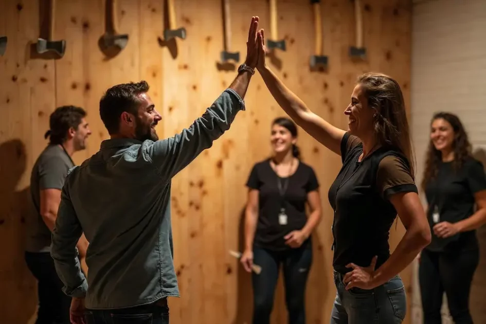 Dos personas chocan los cinco frente a un muro de madera con hachas durante un evento de team building en Las Rozas, mientras otras dos observan y sonríen al fondo.