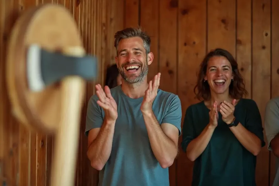 Dos personas aplauden y sonríen en una habitación de madera, de pie cerca de una diana con un hacha incrustada en ella: una escena perfecta para Team Building en Madrid.