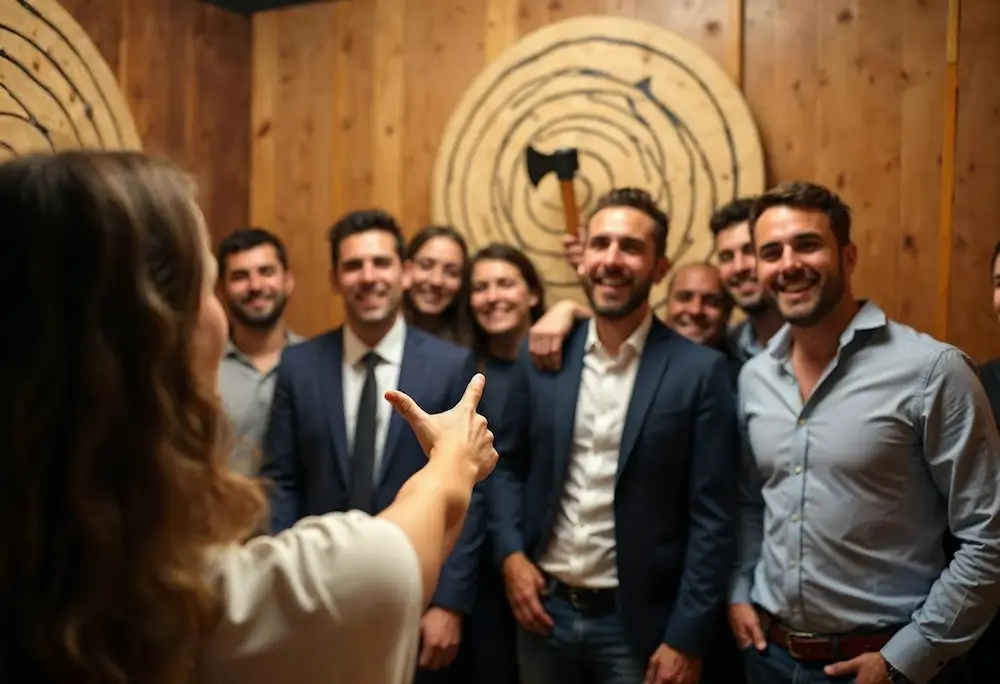Un grupo de personas en traje de negocios posa para una foto frente a blancos de madera en la pared, mientras una persona en primer plano hace un gesto hacia ellos, destacando los beneficios del team building para empresas.