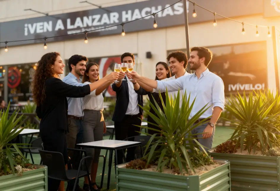 Un grupo de seis personas de pie al aire libre, levantando copas en un brindis cerca de mesas y plantas en macetas, disfrutando de un evento de Team Building Las Rozas con un restaurante y luces de cuerda en el fondo.