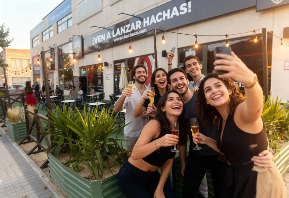 Un grupo de seis jóvenes adultos se toma un selfie mientras sostienen unas copas en el exterior de un local con un cartel que reza "VEN A LANZAR HACHAS!" -capturando la diversión del Team Building Las Rozas.