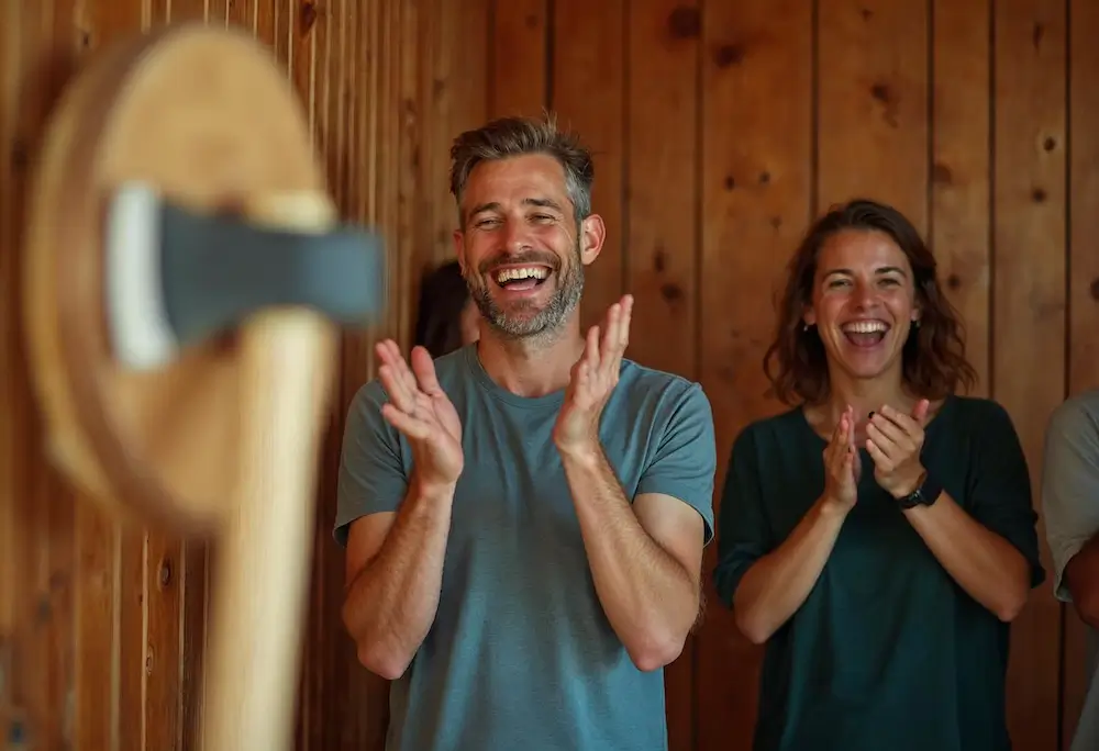 Dos personas aplauden y sonríen en una habitación de madera, de pie cerca de una diana con un hacha incrustada en ella: una escena perfecta para Team Building en Madrid.